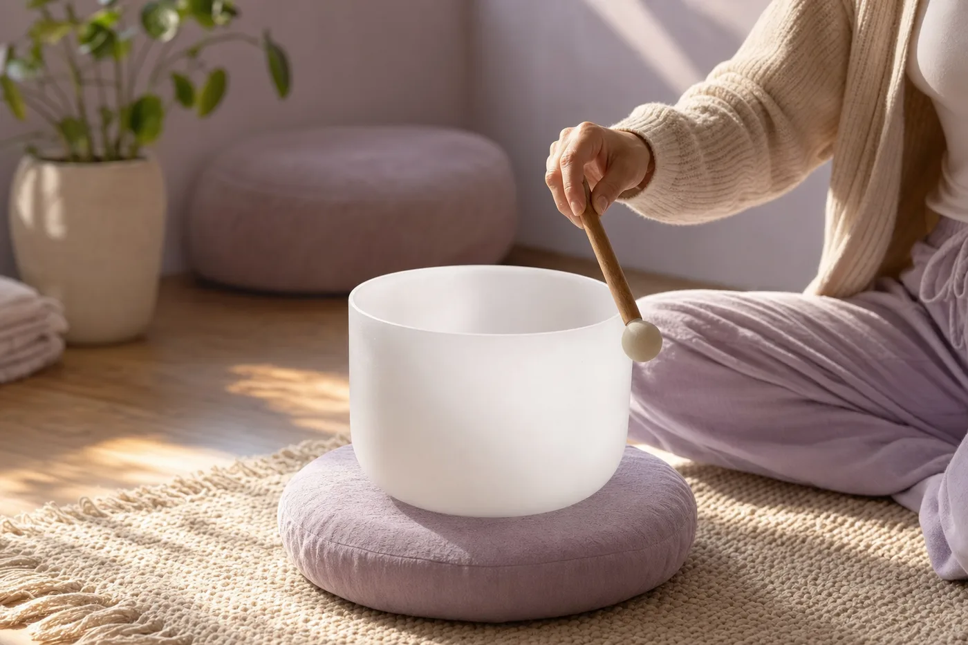 A hand striking a frosted quartz singing bowl with a mallet in a warm, softly lit meditation room