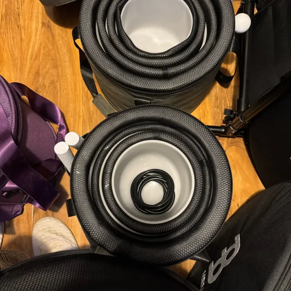 Verified buyer photo of graduated frosted quartz singing bowls unboxed and lined up by size