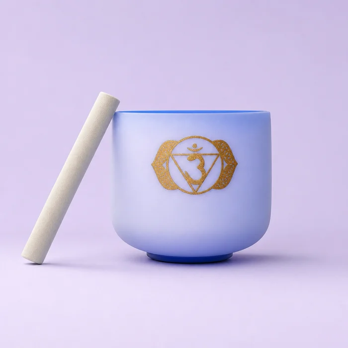 Single 8-inch frosted quartz crystal singing bowl, Third-Eye Chakra lavender, with a wooden mallet